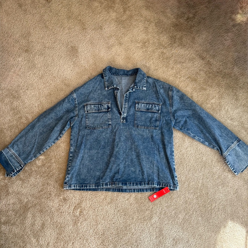 NWT Womens XL flexible denim pullover jacket Medium wash country teacher western